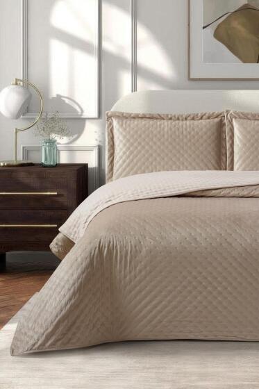 Parma Çift Kişilik Lüks Kadife 240x260 cm Yatak Örtüsü Cappucino - Çeyiz Diyarı
