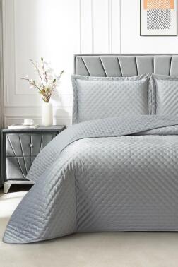Parma Çift Kişilik Lüks Kadife 240x260 cm Yatak Örtüsü Gri - Çeyiz Diyarı