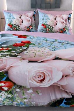 Pembe Gül Mikro Saten 3D Dijital Baskılı Çift Kişilik Nevresim Takımı - Çeyiz Diyarı