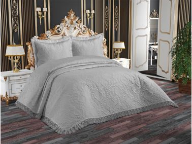 Pera Dantelli Kapitoneli Ultrasonik Çift Kişilik Yatak Örtüsü Gri - Çeyiz Diyarı