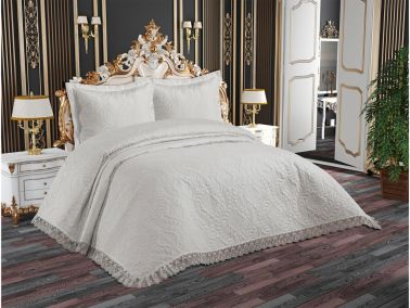 Pera Dantelli Kapitoneli Ultrasonik Çift Kişilik Yatak Örtüsü Krem - Çeyiz Diyarı