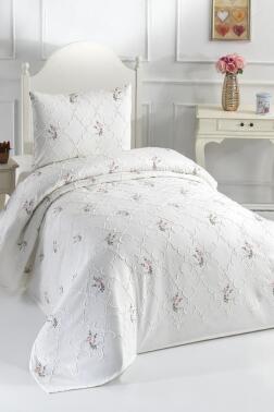 Pinkrose Nakışlı Şönil 2 Parça Tek Kişilik Yatak Örtüsü Krem - 1