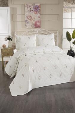 Pinkrose Nakışlı Şönil 3 Parça Çift Kişilik Yatak Örtüsü Krem - 2