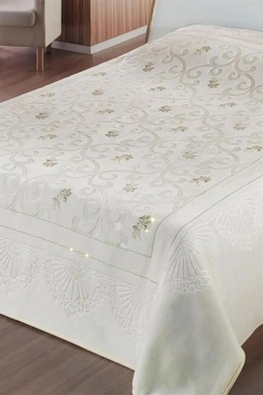 Pırıltı Embos Çift Kişilik Tek Battaniye 220x240 Cm Krem - Altın - Hobby