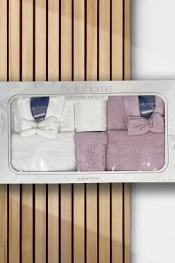 Platin Jakarlı 10 Parça Aile Bornoz Takımı Krem Mürdüm - 1
