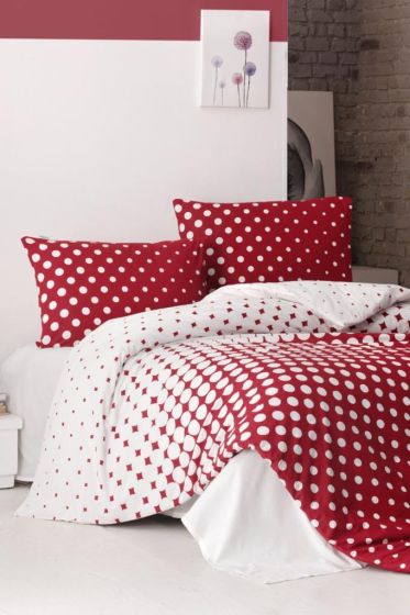 Puantiye %100 Pamuk Çift Kişilik Nevresim Takımı Kırmızı - Çeyiz Diyarı