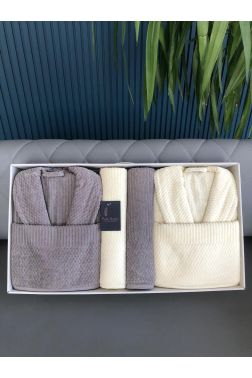 Rip Çizgili 6 Parça Aile Bornoz Takımı Krem Antrasit - Çeyiz Diyarı