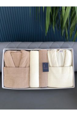 Rip Çizgili 6 Parça Aile Bornoz Takımı Krem Bej - Çeyiz Diyarı