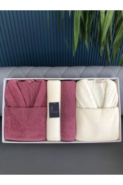 Rip Çizgili 6 Parça Aile Bornoz Takımı Krem Mürdüm - Çeyiz Diyarı