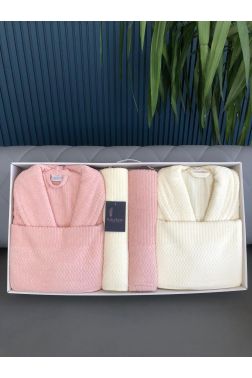 Rip Çizgili 6 Parça Aile Bornoz Takımı Krem Pudra - Çeyiz Diyarı