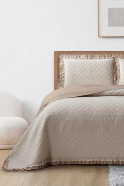 Roma Elyaf Dolgulu Çift Kişilik 240x260 Cm Yatak Örtüsü Bej - Çeyiz Diyarı