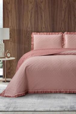 Roma Elyaf Dolgulu Çift Kişilik 240x260 Cm Yatak Örtüsü Pudra - Çeyiz Diyarı