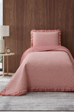 Roma Elyaf Dolgulu Tek Kişilik 180x240 Cm Yatak Örtüsü Pudra - Çeyiz Diyarı