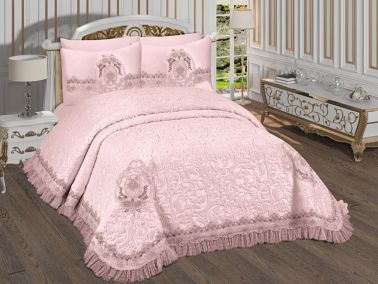 Roma Fransız Güpürlü Battaniye Takımı Pudra - Çeyiz Diyarı