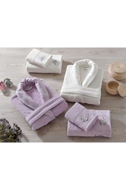 Rosel Bukle Jakarlı Aile Bornoz Takımı Lila Krem - Çeyiz Diyarı