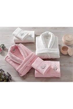 Rosel Bukle Jakarlı Aile Bornoz Takımı Somon Krem - Çeyiz Diyarı