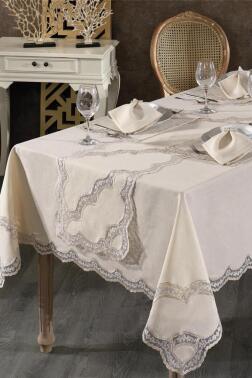 Rua Fransız Dantelli Keten Yemek Takımı - 26 Parça Cappucino - Çeyiz Diyarı