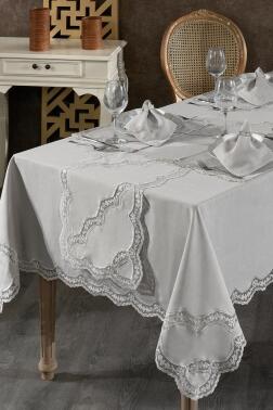 Rua Fransız Dantelli Keten Yemek Takımı - 26 Parça Gri - Çeyiz Diyarı