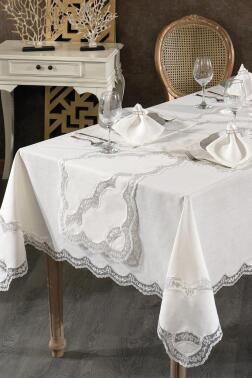 Rua Fransız Dantelli Keten Yemek Takımı - 26 Parça Krem - Çeyiz Diyarı