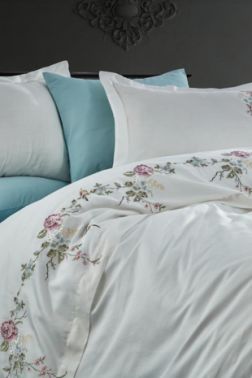 Rüya Nakışlı Pamuk Saten Çift Kişilik Nevresim Takımı Krem - Dantela