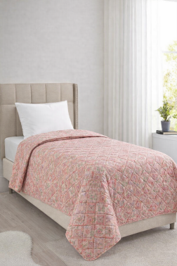 Sakura Elyaf Dolgulu Çift Taraflı Tek Kişilik 160x220 cm Kırlentsiz Tek Pike Gül Kurusu - Çeyiz Diyarı