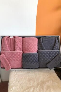 Şazeli 8 Parça Aile Bornoz Takımı Gül Kurusu Antrasit - Çeyiz Diyarı