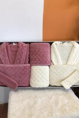 Şazeli 8 Parça Aile Bornoz Takımı Gül Kurusu Krem - Çeyiz Diyarı