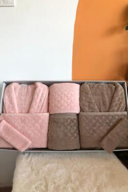 Şazeli 8 Parça Aile Bornoz Takımı Kahve Pudra - Çeyiz Diyarı