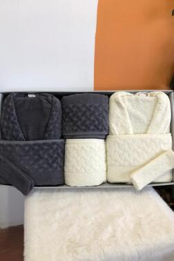 Şazeli 8 Parça Aile Bornoz Takımı Krem Antrasit - Çeyiz Diyarı