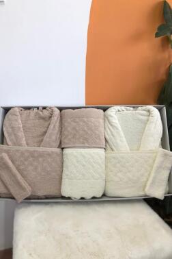 Şazeli 8 Parça Aile Bornoz Takımı Krem Bej - Çeyiz Diyarı