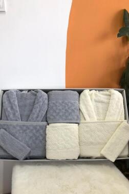 Şazeli 8 Parça Aile Bornoz Takımı Krem Gri - Çeyiz Diyarı