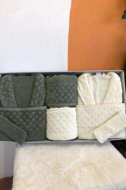 Şazeli 8 Parça Aile Bornoz Takımı Krem Haki - Çeyiz Diyarı