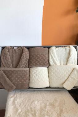 Şazeli 8 Parça Aile Bornoz Takımı Krem Kahve - Çeyiz Diyarı