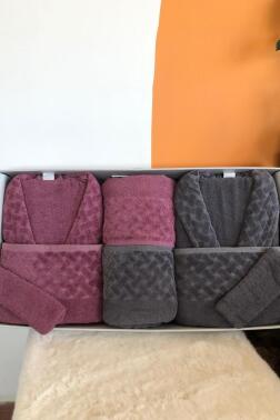 Şazeli 8 Parça Aile Bornoz Takımı Mürdüm Antrasit - Çeyiz Diyarı