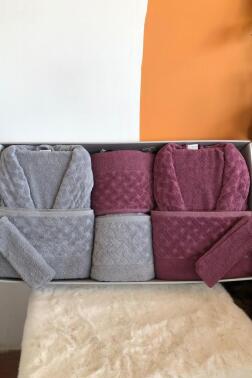 Şazeli 8 Parça Aile Bornoz Takımı Mürdüm Gri - Çeyiz Diyarı