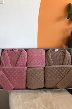 Şazeli 8 Parça Aile Bornoz Takımı Mürdüm Kahve - Çeyiz Diyarı