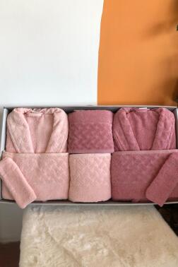 Şazeli 8 Parça Aile Bornoz Takımı Mürdüm Pudra - Çeyiz Diyarı