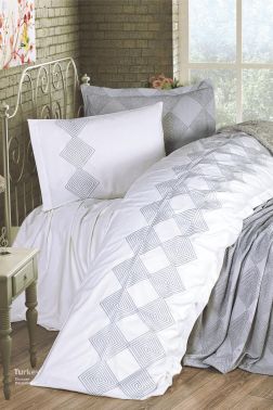 Seher 4 Parça Nakışlı Pike Takımı 240x260 Gri - Çeyiz Diyarı