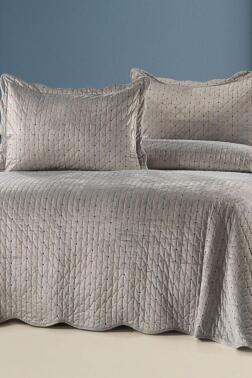 Serelina Lüks Nakışlı Kadife Çift Kişilik Yatak Örtüsü Gri - Çeyiz Diyarı