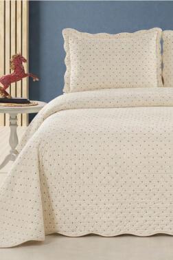Serelina Lüks Nakışlı Kadife Çift Kişilik Yatak Örtüsü Krem - Çeyiz Diyarı