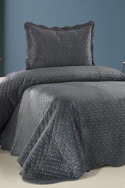 Serelina Lüks Nakışlı Kadife Tek Kişilik Yatak Örtüsü Koyu Gri - Çeyiz Diyarı