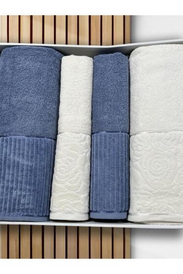 Sevgi Hamam Takımı 4 Parça Krem - Mavi - Çeyiz Diyarı