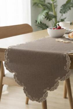 Shelly Keten Aplikeli Runner 40x120 cm Cappucino