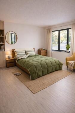 Sherpa Peluş Çift Kişilik Lastikli Çarşaflı Comforter Set Haki - Çeyiz Diyarı