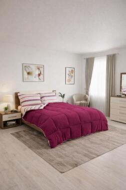 Sherpa Peluş Çift Kişilik Lastikli Çarşaflı Comforter Set Mürdüm - Çeyiz Diyarı