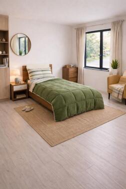 Sherpa Peluş Tek Kişilik Lastikli Çarşaflı Comforter Set Haki - Çeyiz Diyarı