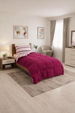 Sherpa Peluş Tek Kişilik Lastikli Çarşaflı Comforter Set Mürdüm - Çeyiz Diyarı