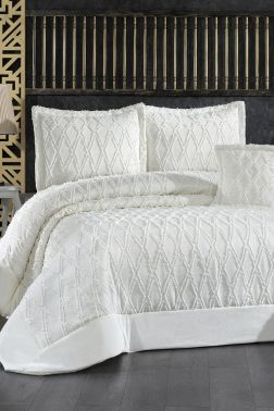 Silvia Dolgulu Çift Kişilik Yatak Örtüsü Krem - Çeyiz Diyarı