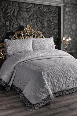 Simirna Dantell Kapitoneli Ultrasonik Çift Kişilik Yatak Örtüsü Gri - Çeyiz Diyarı