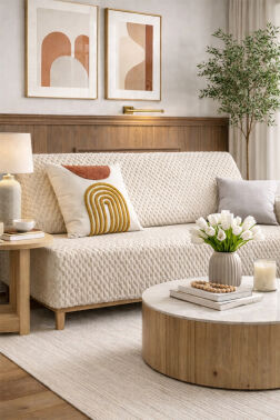 Sofa Cover Pelüş Kaymaz Tabanlı Koltuk Örtüsü 170x215 Cm Bej - Çeyiz Diyarı